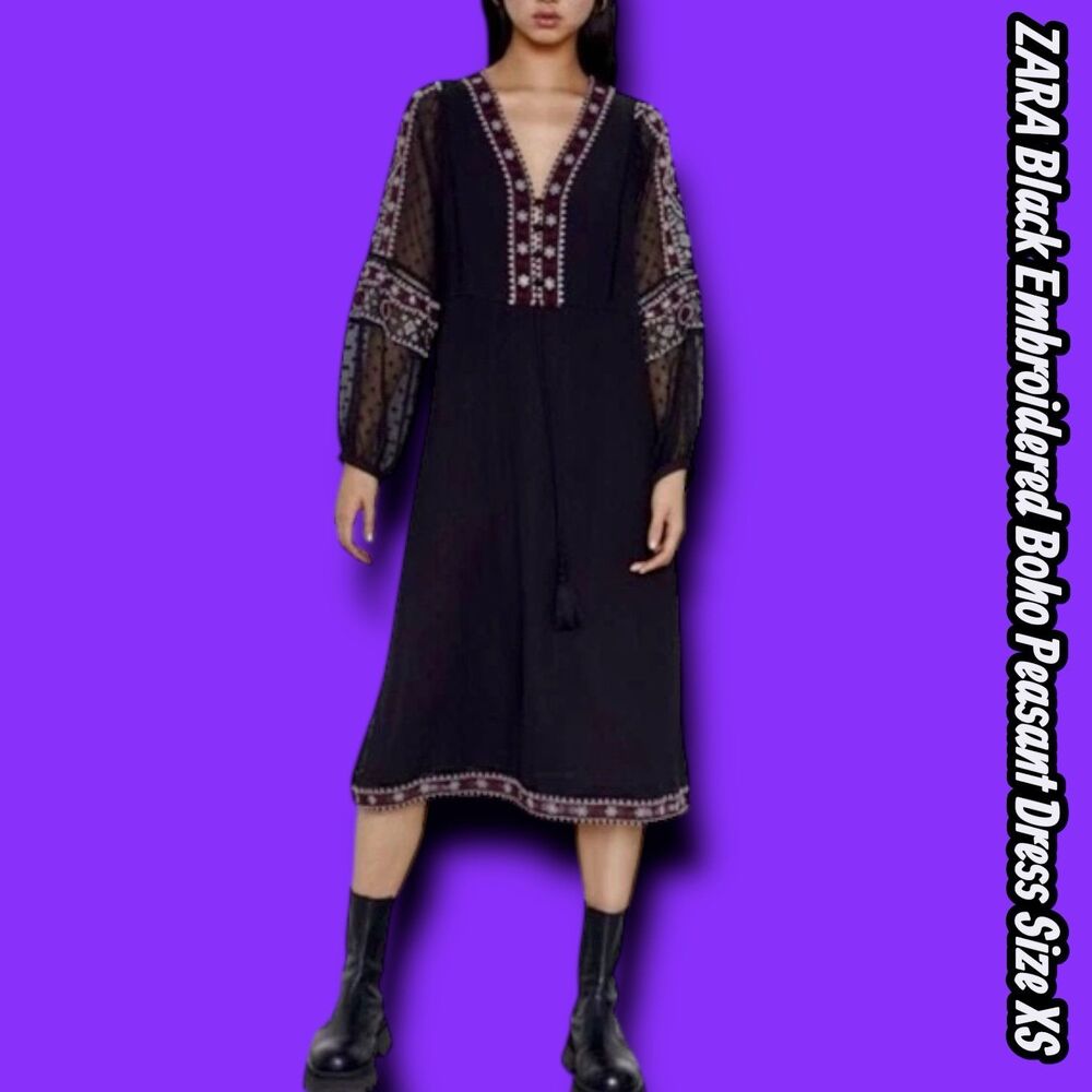 Preowned ZARA Black Embroidered Swiss Dot Boho Midi Dress Size XS